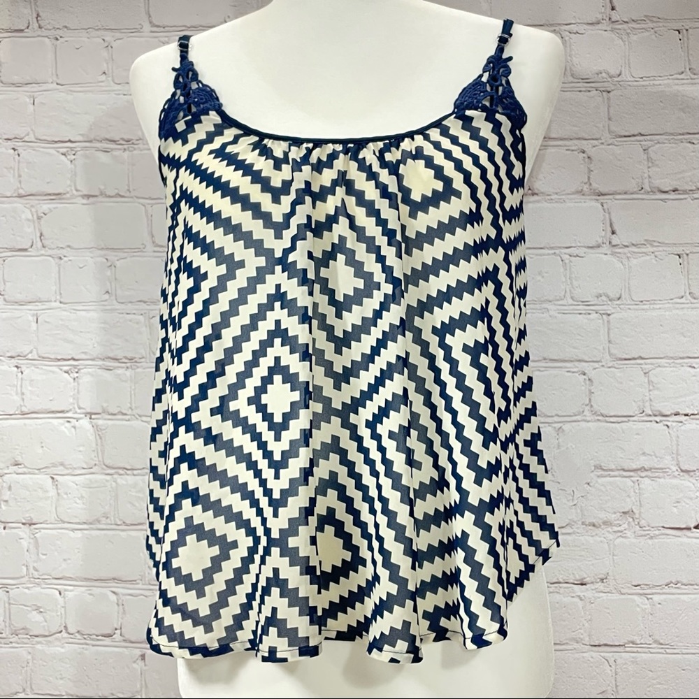 Day trip Navy Chevron Sheer Crochet Adjustable Strap Cover Up Swing Tank Top S